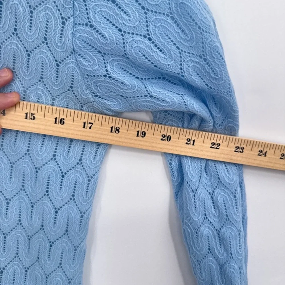 Vintage 70s Blue Open Knit Cardigan Womens M Lace Coquette Pastel Feminine Cute - Picture 8 of 8